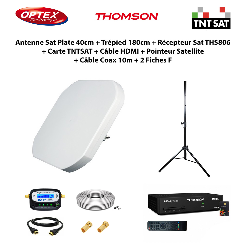 Antenne Sat Plate 40cm + Trpied 180cm + Rcepteur Sat THS806 + Carte TNTSAT + Cble HDMI + Pointeur + Cble Coax 10m + 2 Fiches F